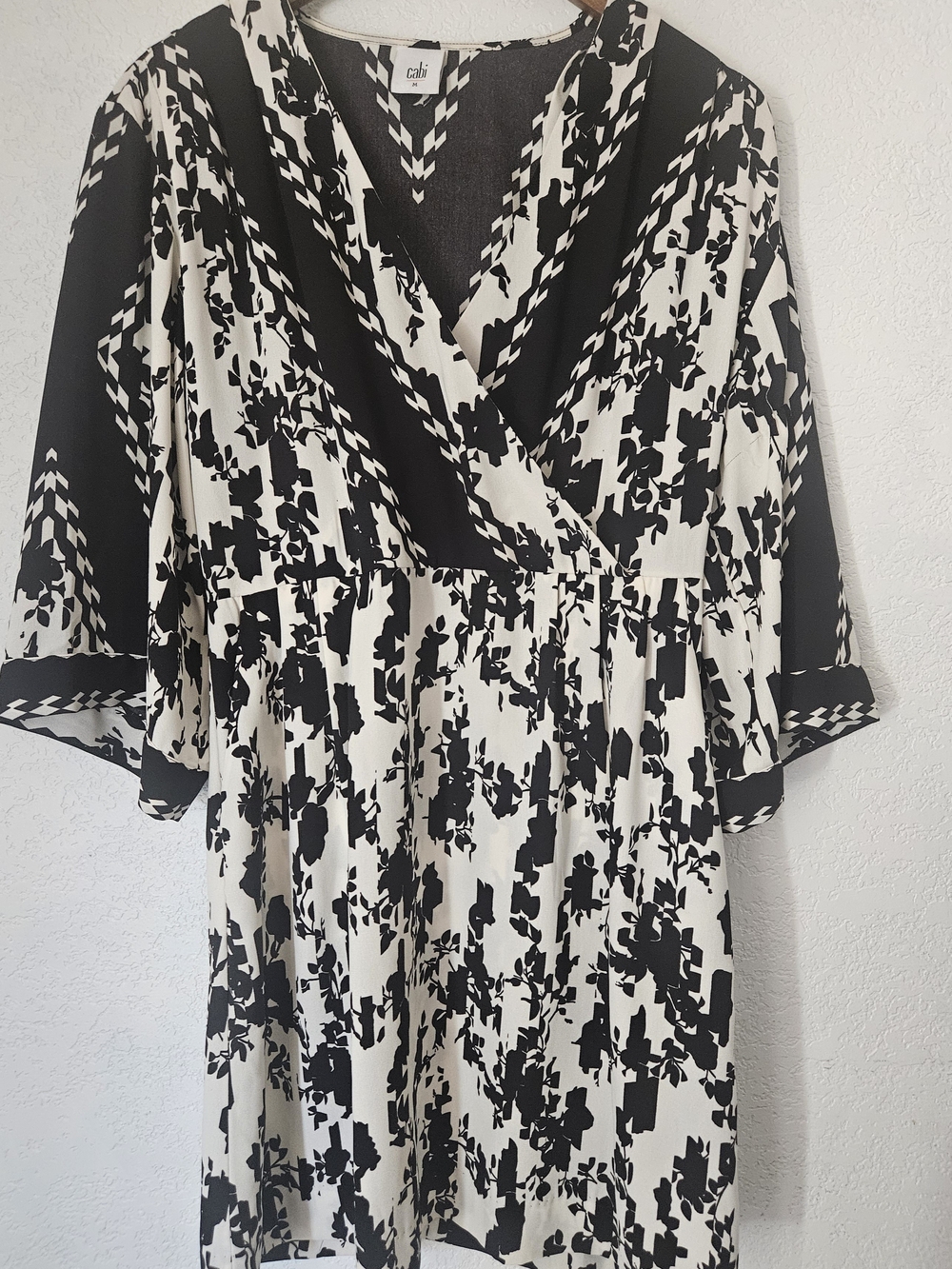 CAbi Black and White Abstract Surplice Midi Dress